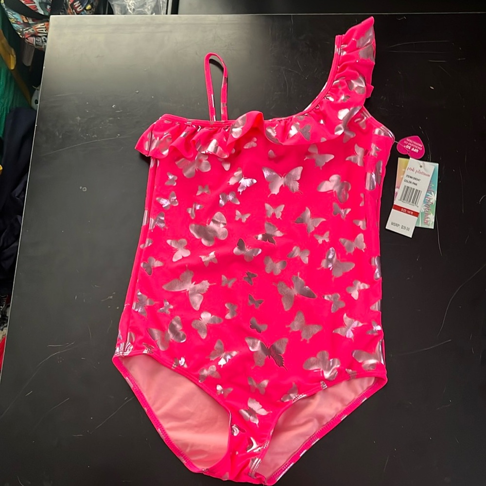 Brand new pink platinum girls bathing suit with butterflies size 14/16